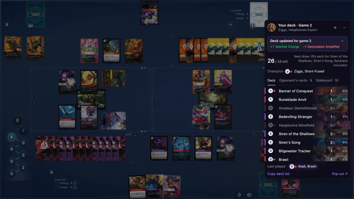 The deck tracker panel showing cards left, draw odds and the last card played